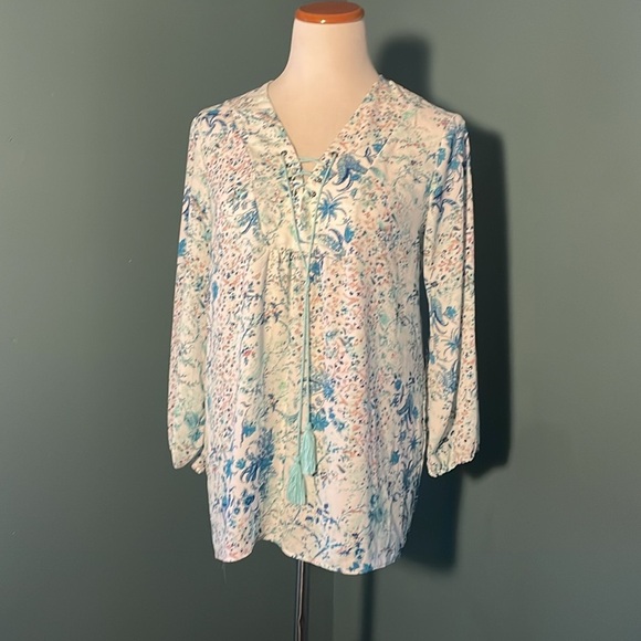 Tahari Floral Lace-Up Blouse - Picture 1 of 7